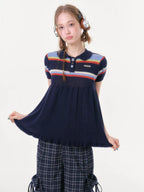 ZIZIFEI Dreamy Rainbow Knitted Doll Collar Women'S Deep Blue Short Sleeve T-Shirts