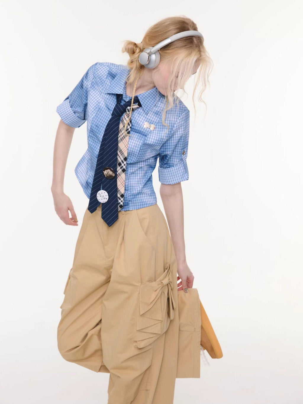 ZIZIFEI Mist Blue Ombre Plaid Waist Cinch Lapel Slim Women'S Short Sleeve T-Shirts