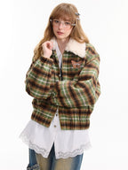 ZIZIFEI Green Plaid Fur Collar American Vintage Women'S Polyester Cotton Puffer Jackets