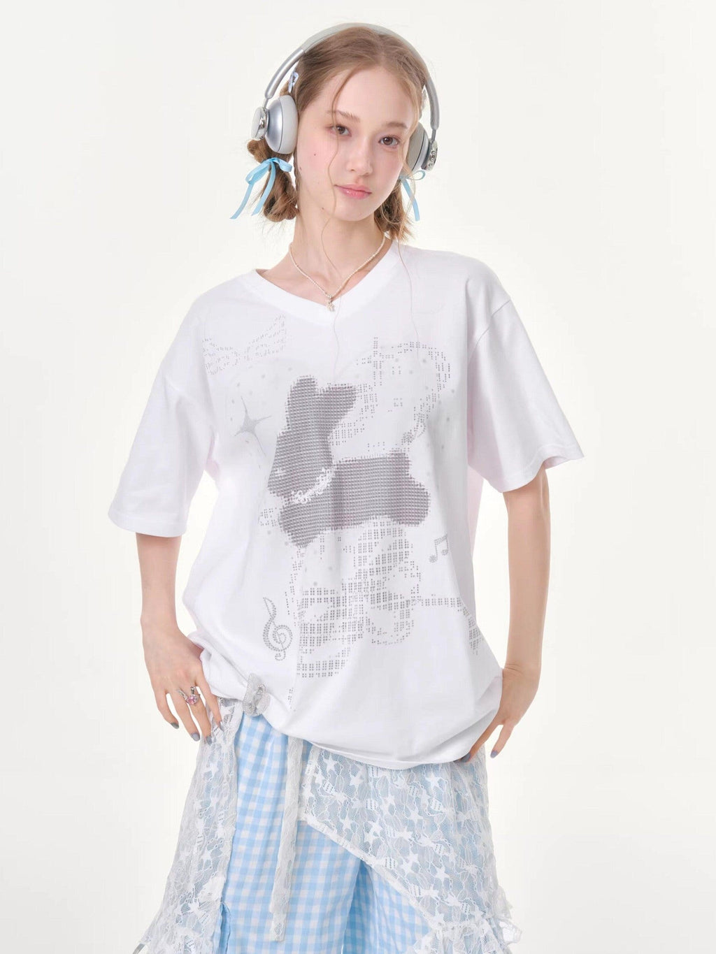 ZIZIFEI Pixel Rabbit Rhinestone V-neck Loose Women'S Cotton Short Sleeve T-Shirts