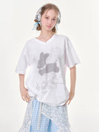 ZIZIFEI Pixel Rabbit Rhinestone V-neck Loose Women'S Cotton Short Sleeve T-Shirts