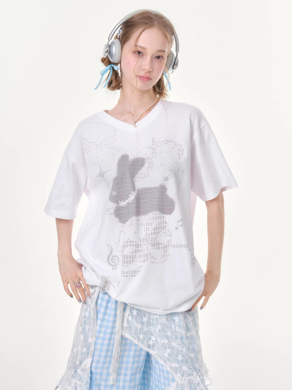 ZIZIFEI Pixel Rabbit Rhinestone V-neck Loose Women'S Cotton Short Sleeve T-Shirts