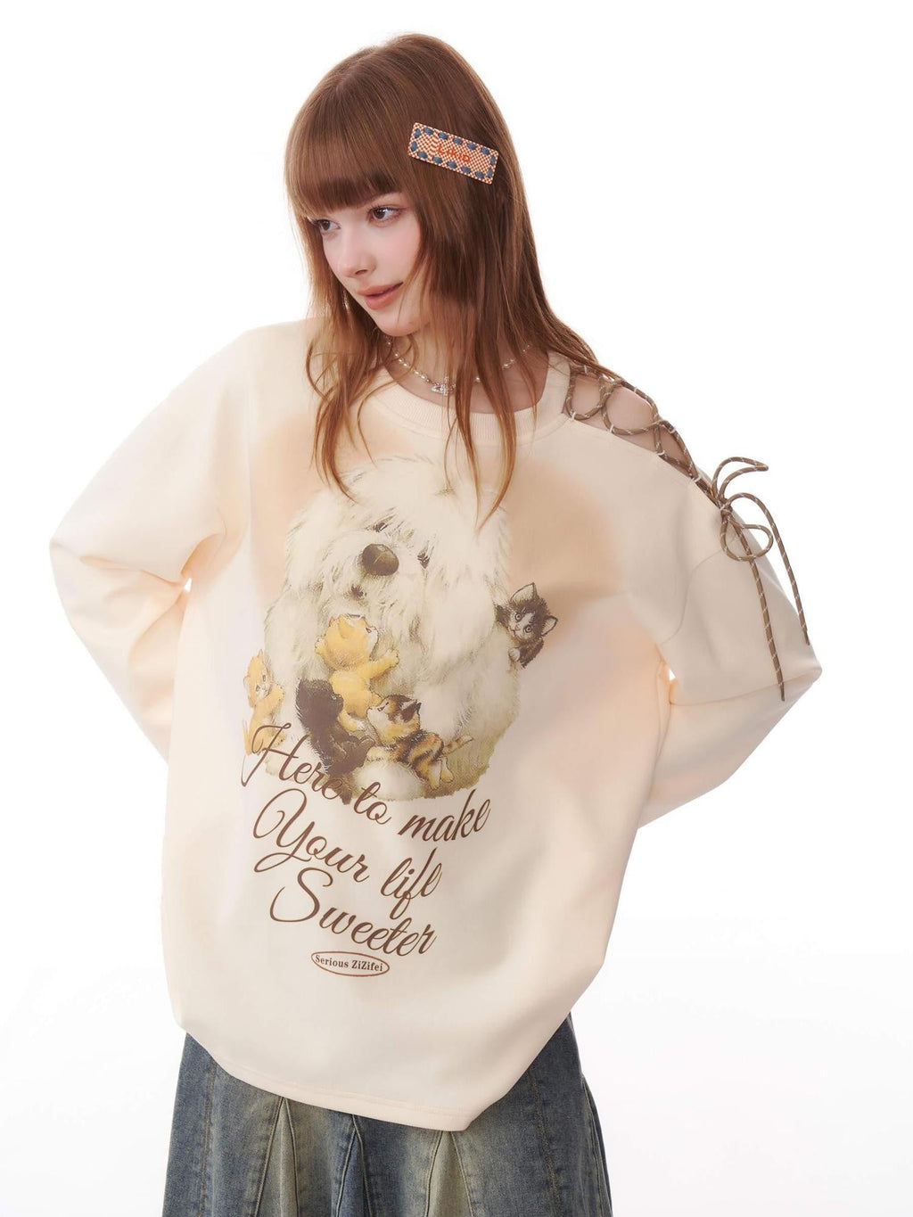 ZIZIFEI Vintage Dog Print Tie Off Shoulder Women'S Cotton Blend Long Sleeve T-Shirts