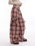 ZIZIFEI Pink Plaid High Waist Large Pocket Straight Women'S Polyester Wide-Leg Pants