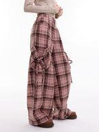 ZIZIFEI Pink Plaid High Waist Large Pocket Straight Women'S Polyester Wide-Leg Pants