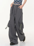 ZIZIFEI Gray High Waist Slimming Cargo Big Pocket Women'S Lyocell Blend Wide-Leg Pants