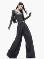 ABWLR Minimalist Gray Pleated Drawstring Natural Waist Zipper Women'S Wide-Leg Pants