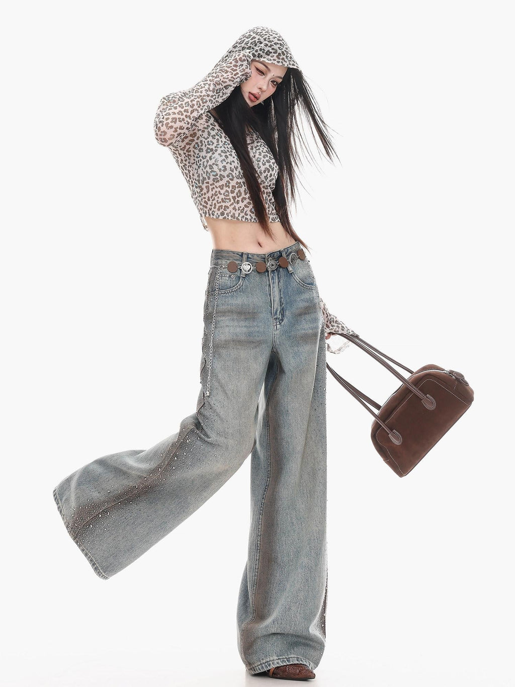 ABWLR Vintage Ombre Hotfix Rhinestone Women'S Loose Slimming Denim Wide-Leg Jeans