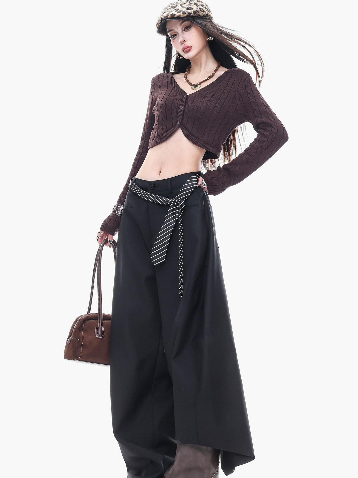 ABWLR Black Gray Drapey Relaxed Tailored Natural Waist Women'S Wide-Leg Pants
