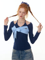 ZIZIFEI Colorblock Patchwork Knitted Bow Halter Women'S Lyocell Long Sleeve T-Shirts