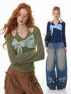 ZIZIFEI Colorblock Patchwork Knitted Bow Halter Women'S Lyocell Long Sleeve T-Shirts