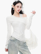 ABWLR White Halter Off Shoulder Faux Two Piece Slim Women'S Long Sleeve T-Shirts