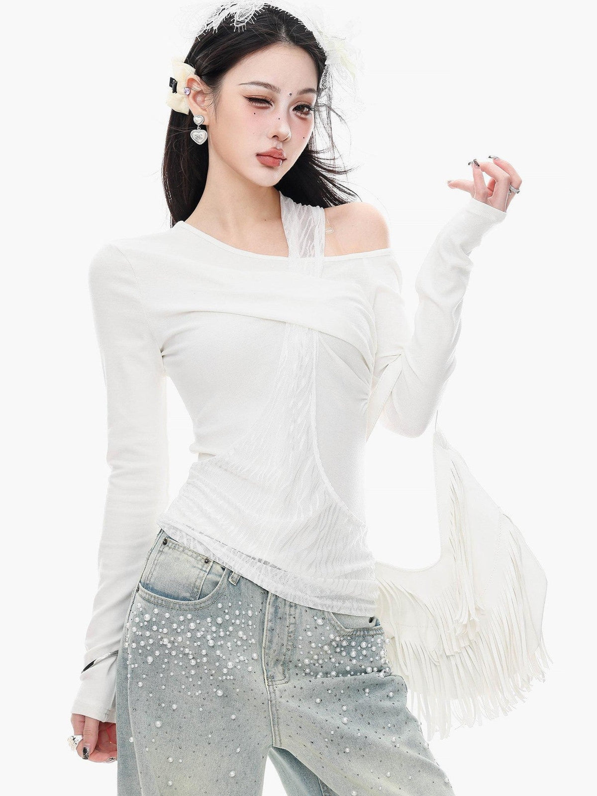 ABWLR White Halter Off Shoulder Faux Two Piece Slim Women'S Long Sleeve T-Shirts