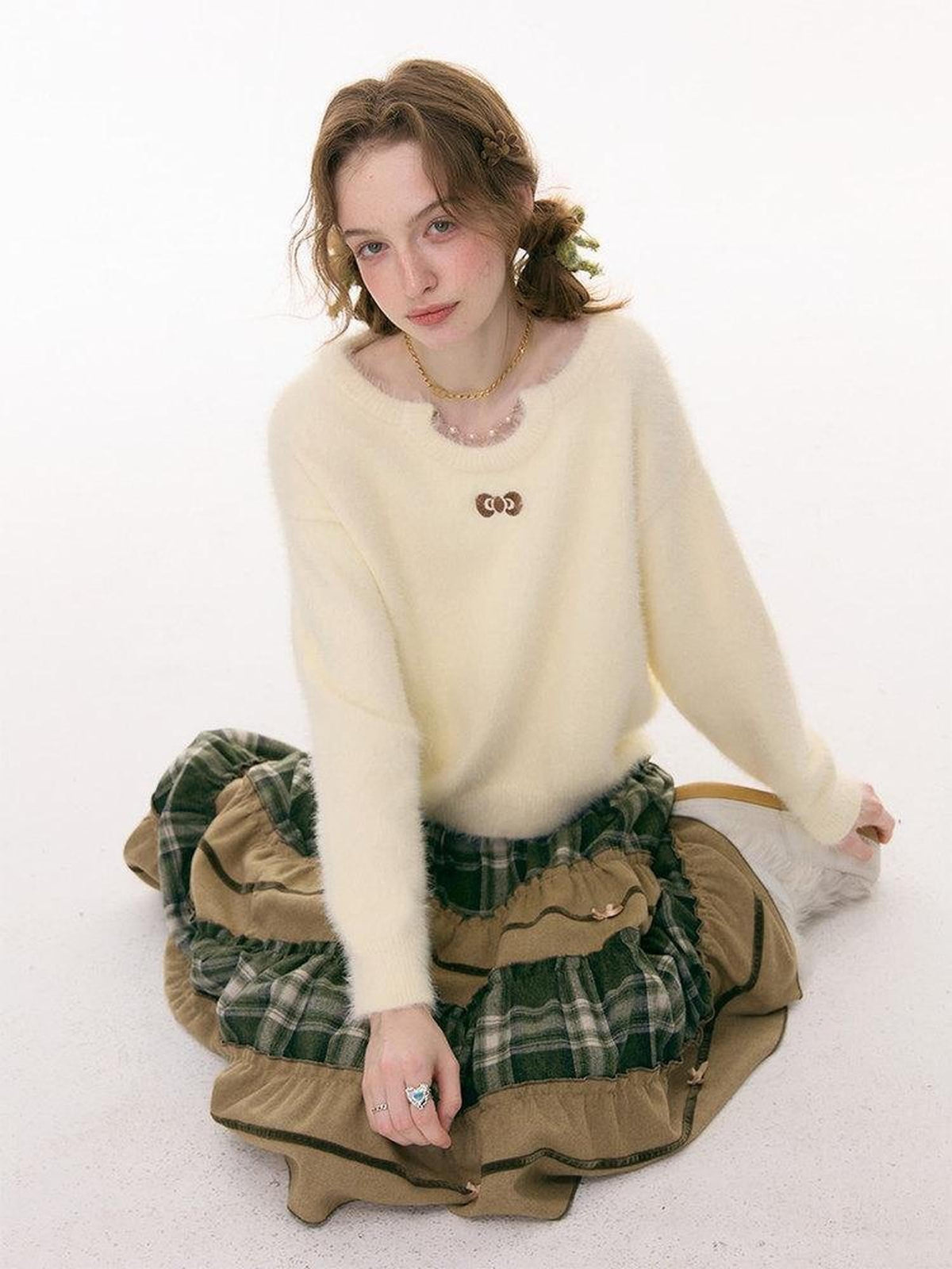 ZIZIFEI Soft Cloud Bow Collar Chain Detail Loose Women'S Viscose Blend Sweaters