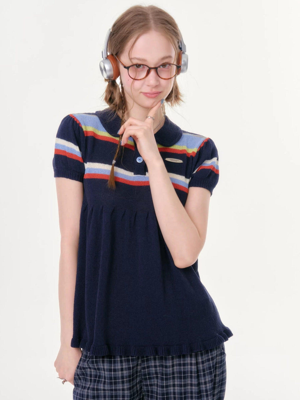 ZIZIFEI Dreamy Rainbow Knitted Doll Collar Women'S Deep Blue Short Sleeve T-Shirts