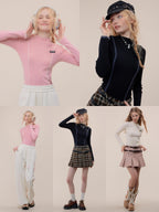 ZIZIFEI Vintage Patchwork Polo U Neck Women'S Viscose Knit Slim Fit Long Sleeve T-Shirts