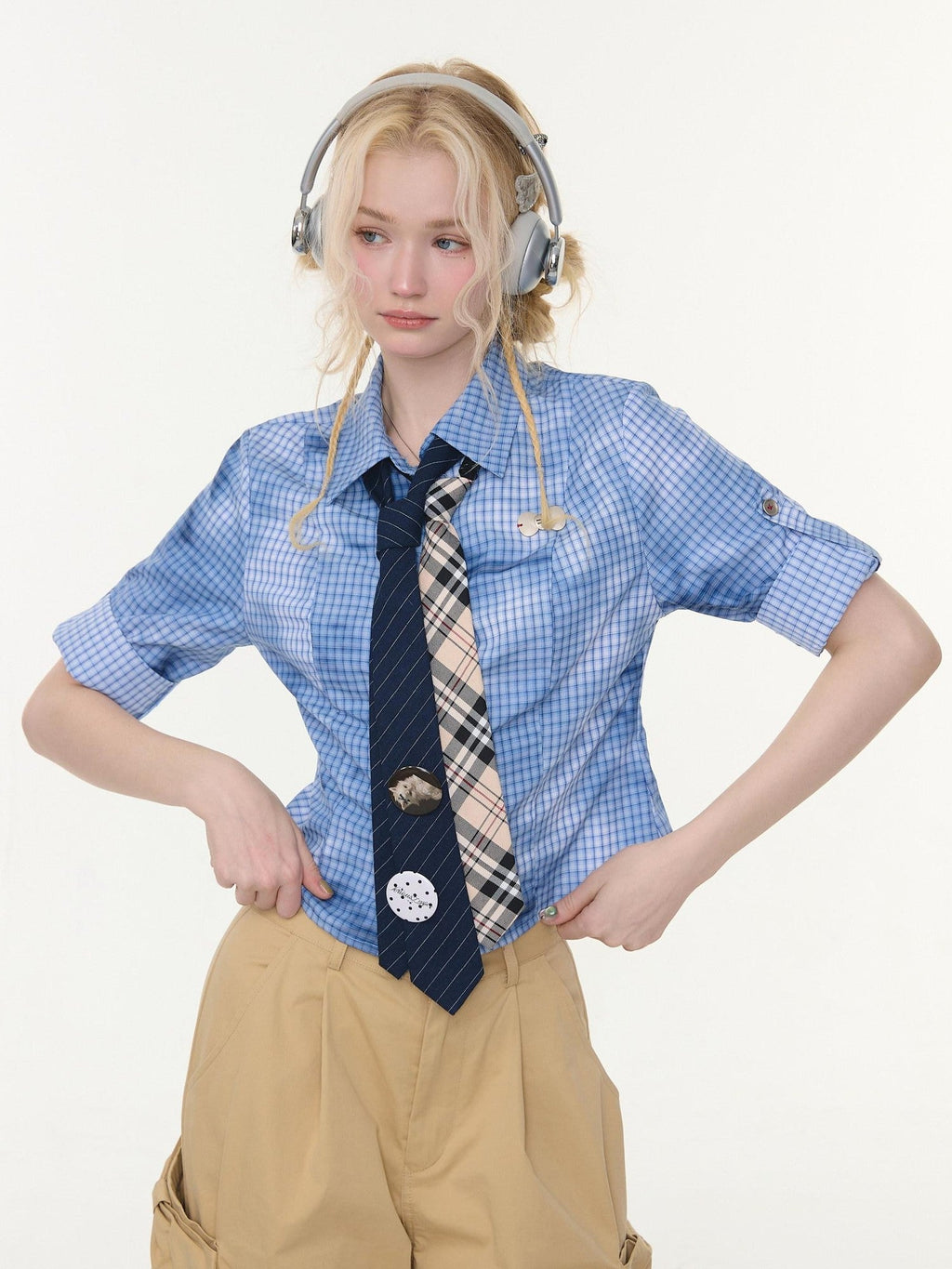 ZIZIFEI Mist Blue Ombre Plaid Waist Cinch Lapel Slim Women'S Short Sleeve T-Shirts