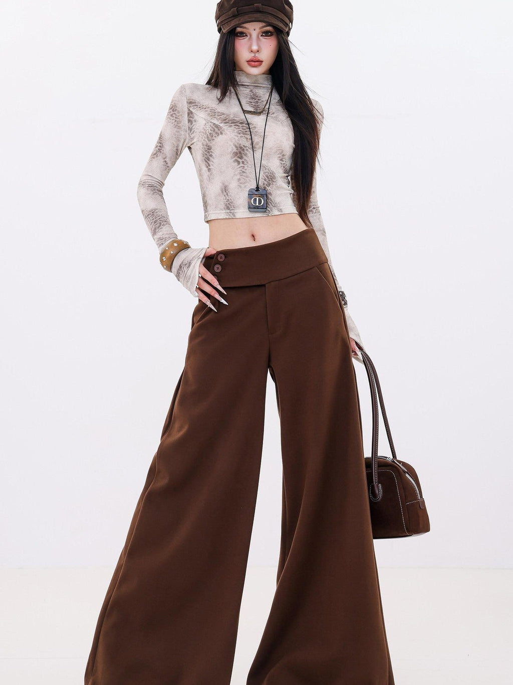 ABWLR Vintage Button High Waist Wide Leg Micro Flare Women'S Woolen Flare Pants