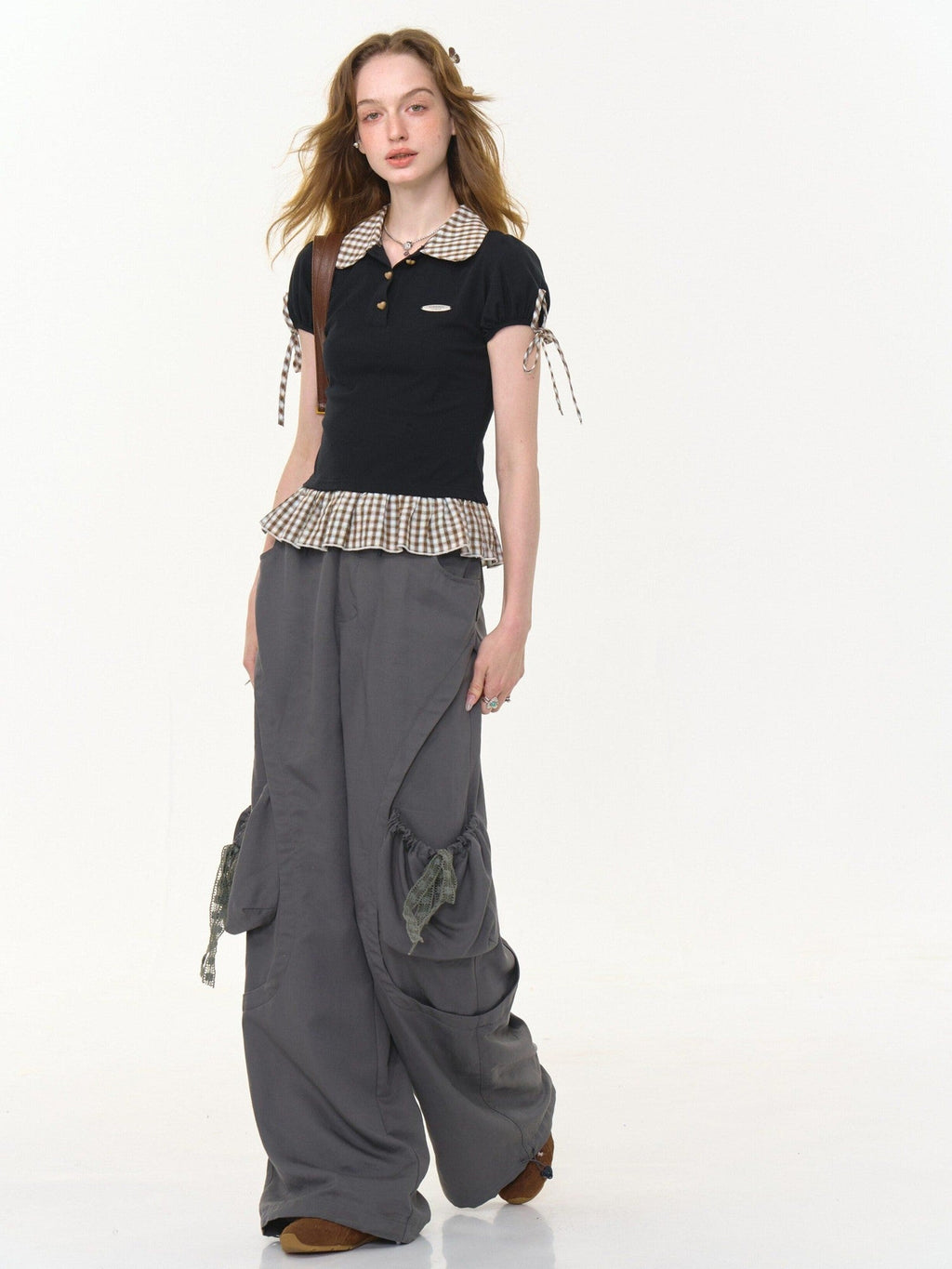 ZIZIFEI Gray High Waist Slimming Cargo Big Pocket Women'S Lyocell Blend Wide-Leg Pants