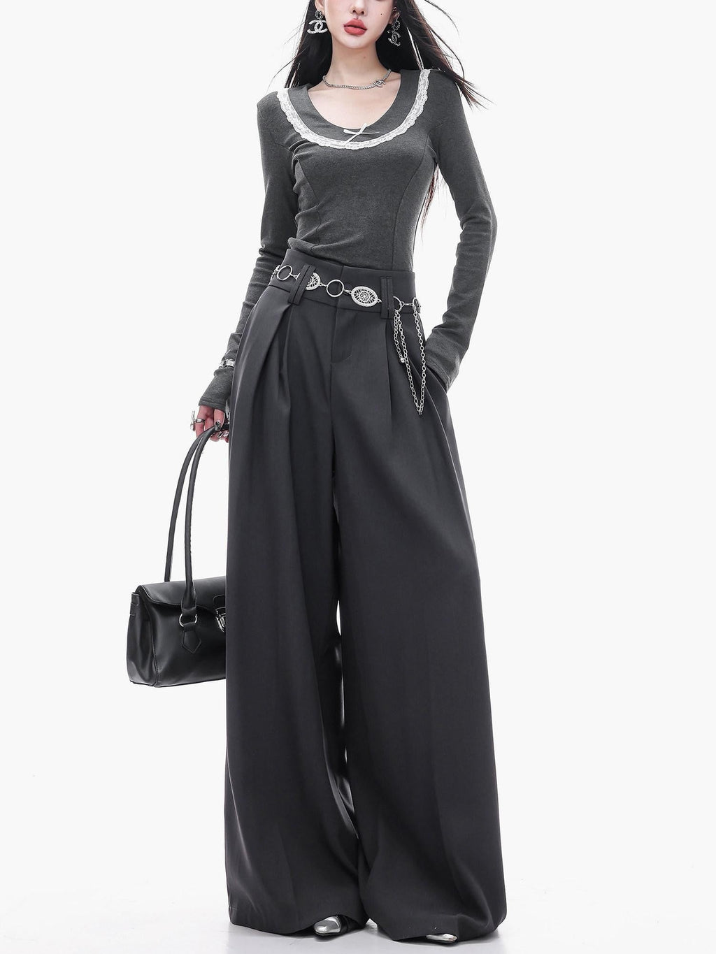ABWLR Minimalist Gray Pleated Drawstring Natural Waist Zipper Women'S Wide-Leg Pants