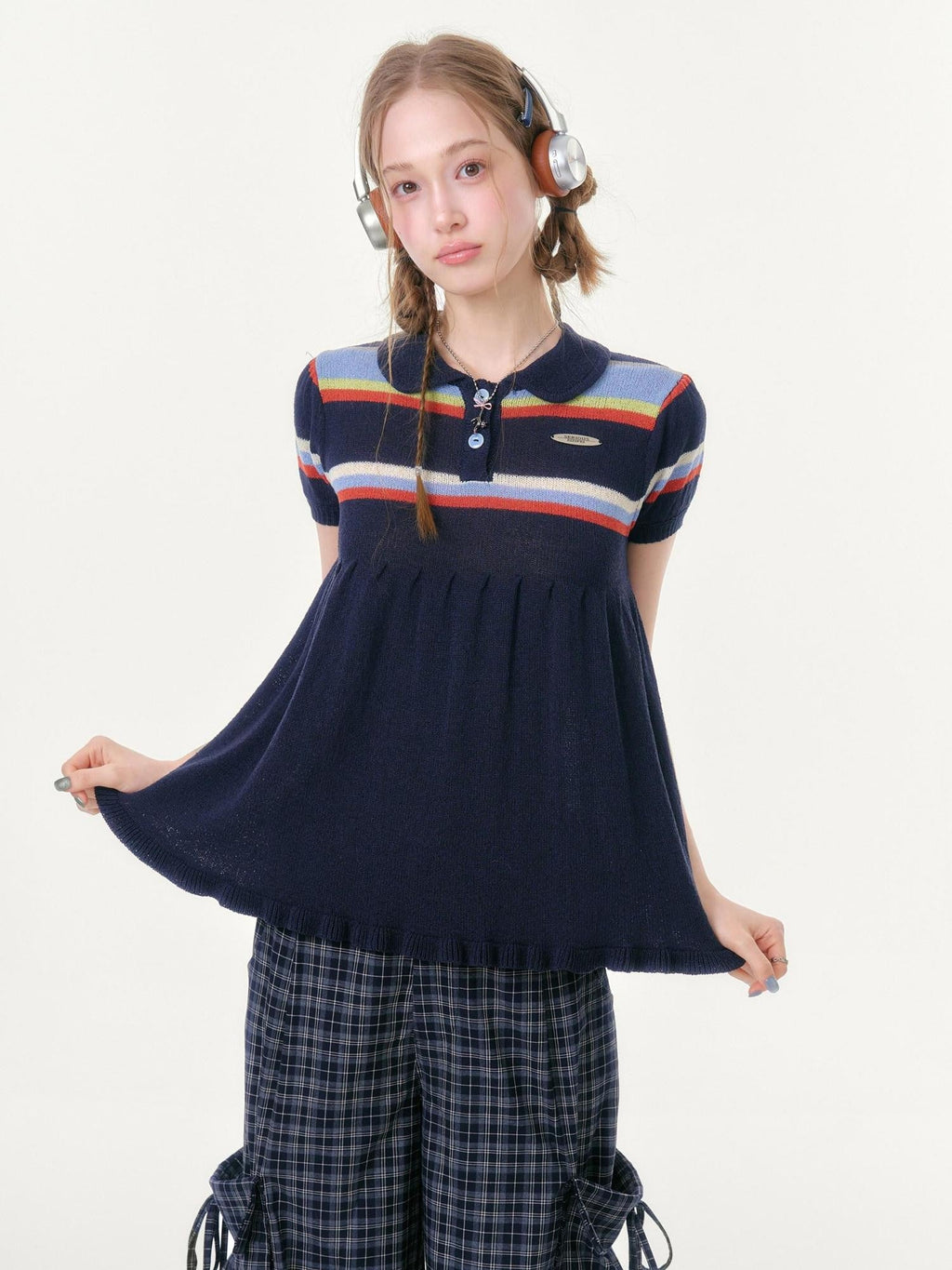 ZIZIFEI Dreamy Rainbow Knitted Doll Collar Women'S Deep Blue Short Sleeve T-Shirts