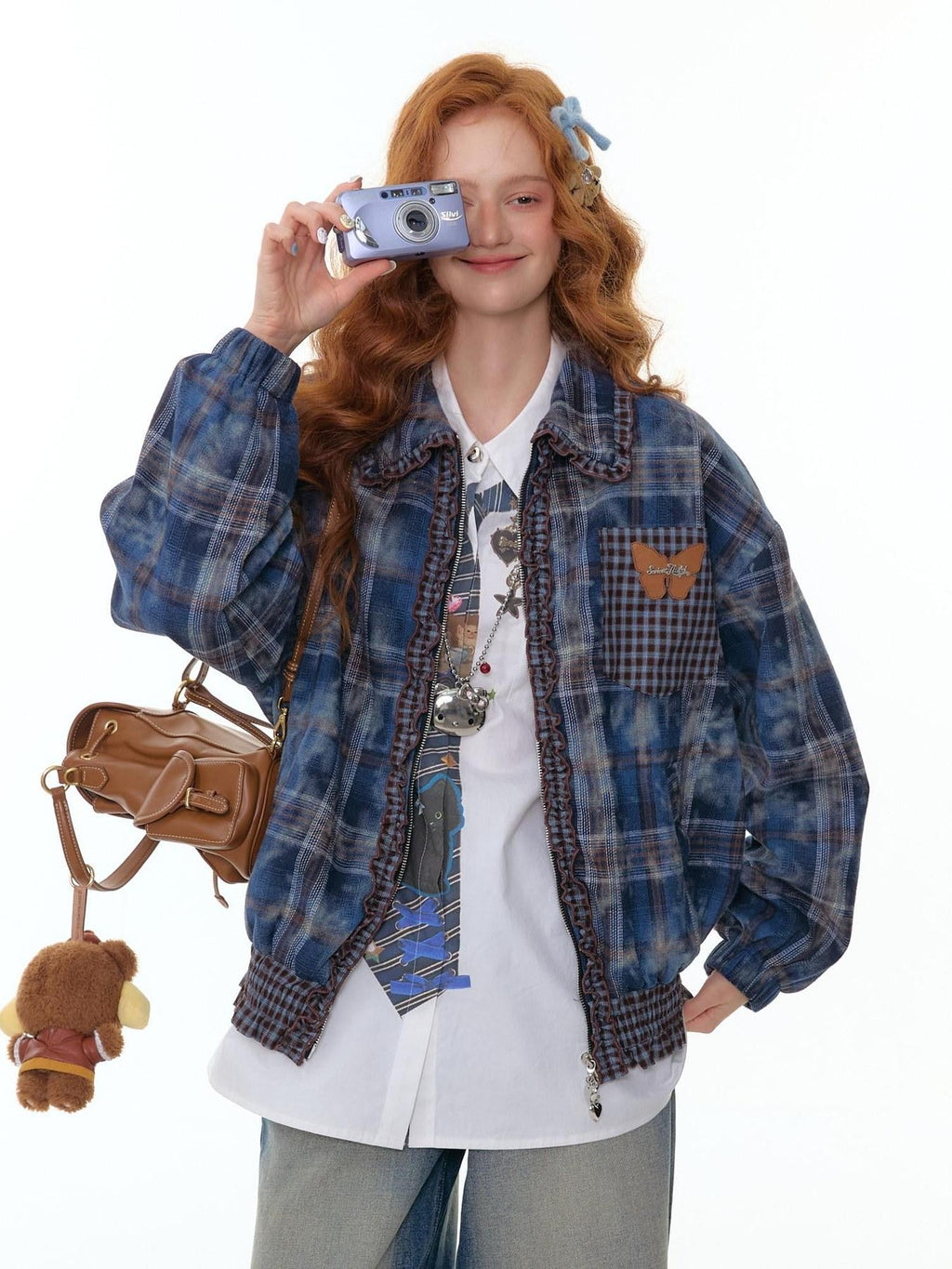 ZIZIFEI Deep Blue Plaid Zip Front Loose Fit Women'S Tencel Cardigans
