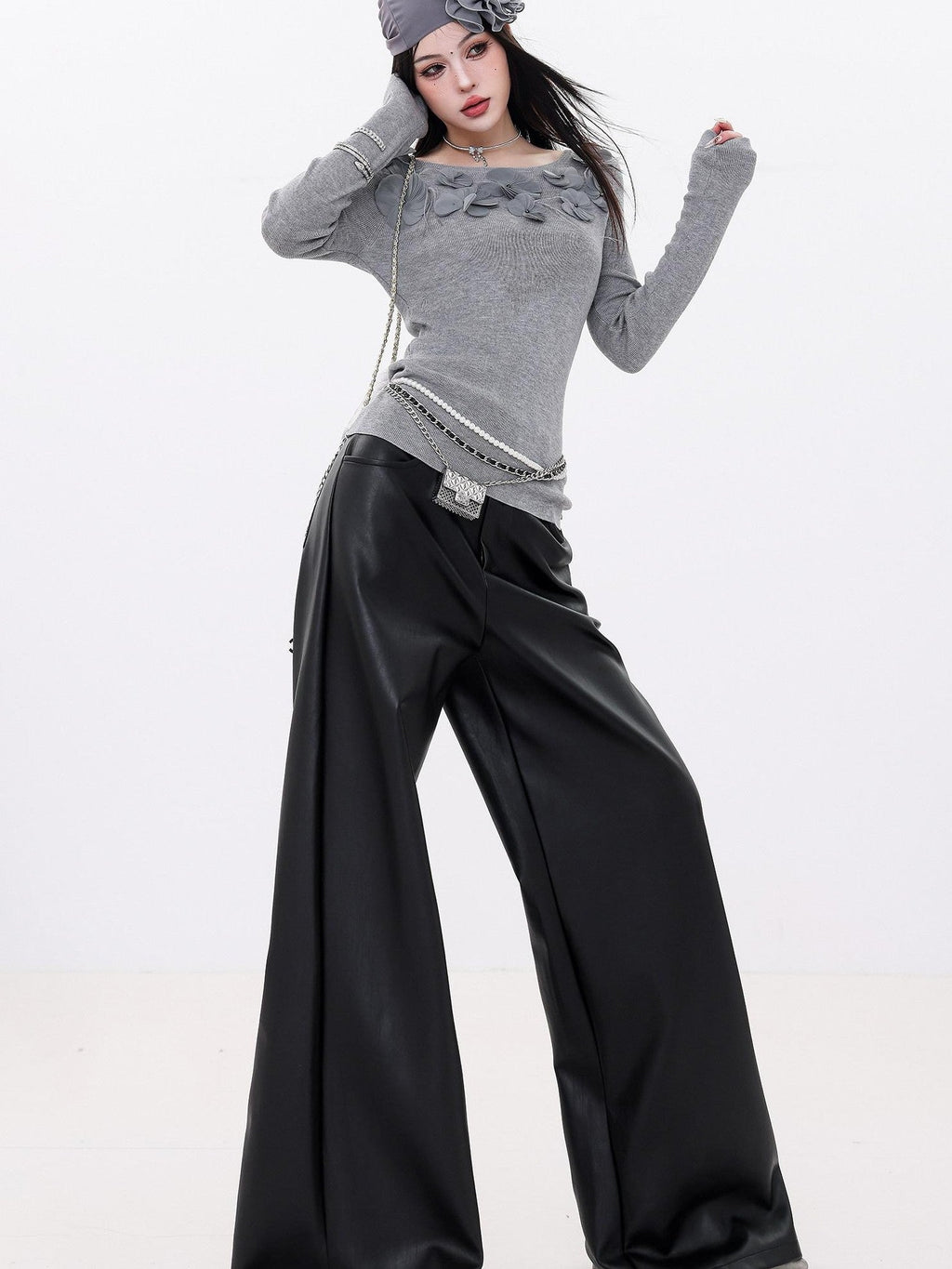 ABWLR Black Minimalist Loose Casual Women'S Matte Pu Wide-Leg Pants