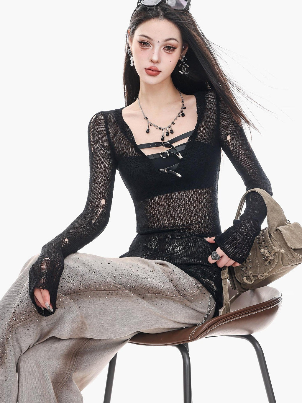 ABWLR Black Gothic V-neck Cutout Knit Slim Fit Women'S Long Sleeve T-Shirts