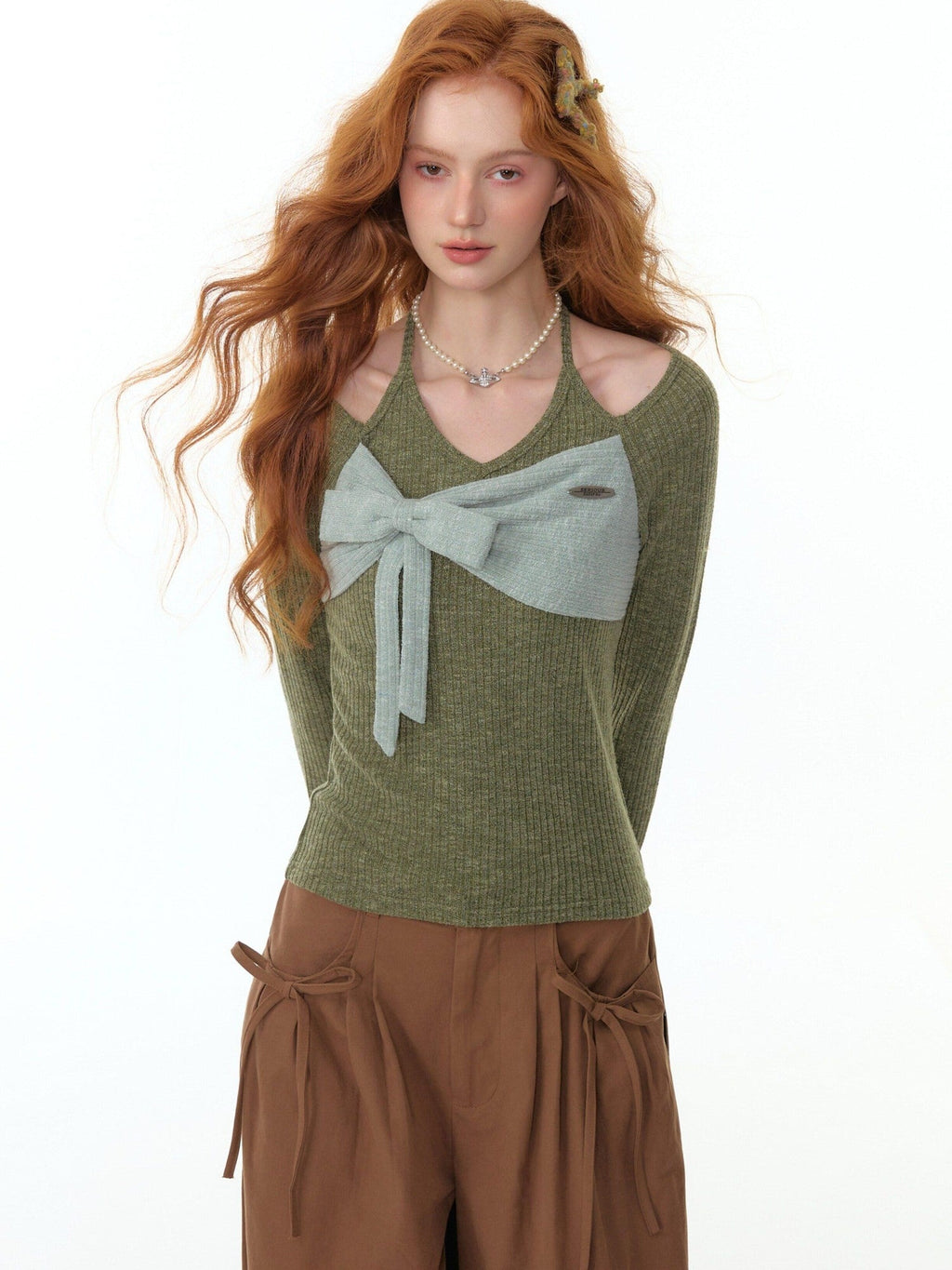 ZIZIFEI Colorblock Patchwork Knitted Bow Halter Women'S Lyocell Long Sleeve T-Shirts
