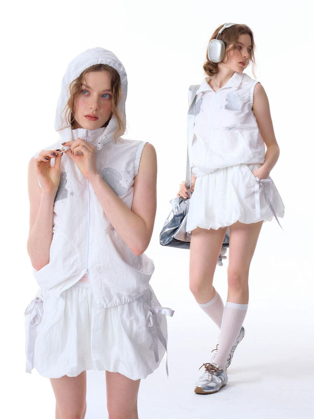 ZIZIFEI Rabbit Embroidered Hooded Zipper Sporty Women'S Nylon Tank Tops