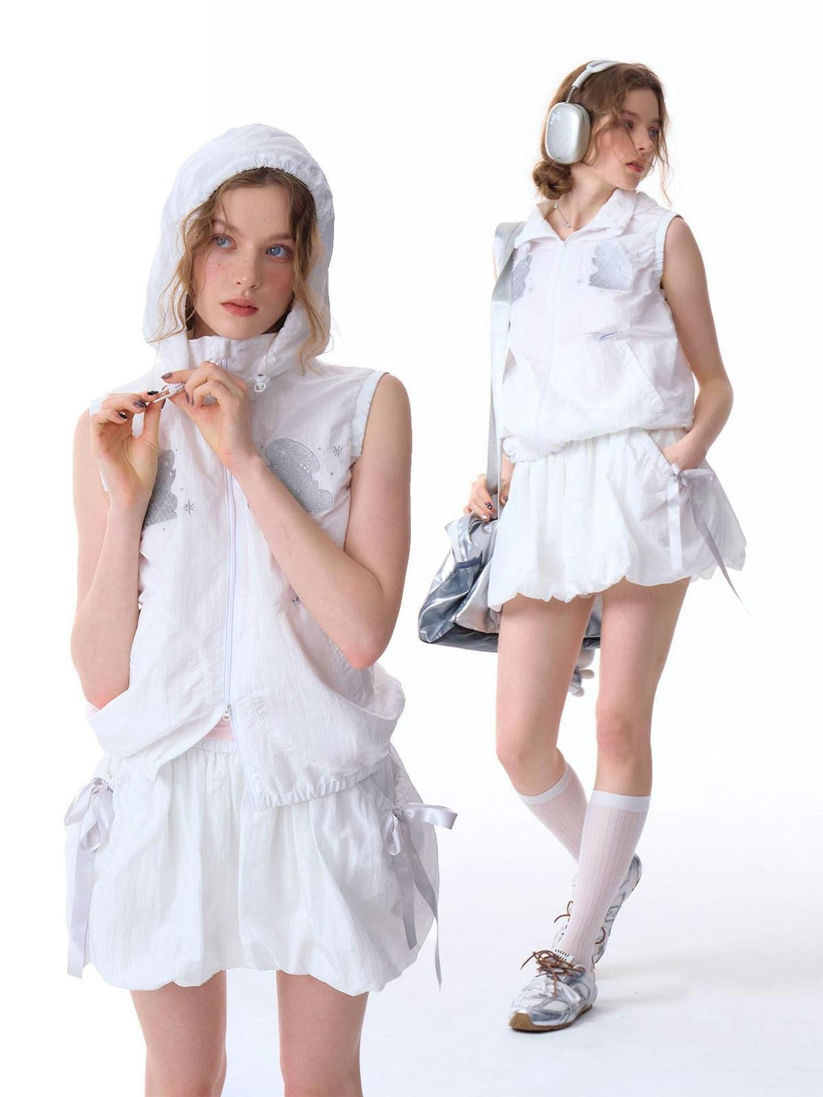 ZIZIFEI Rabbit Embroidered Hooded Zipper Sporty Women'S Nylon Tank Tops