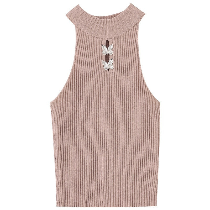 ABWLR_Solid_Cutout_Butterfly_Halter_Cropped_Slim_Women'S_Tank_Tops_MISSTT