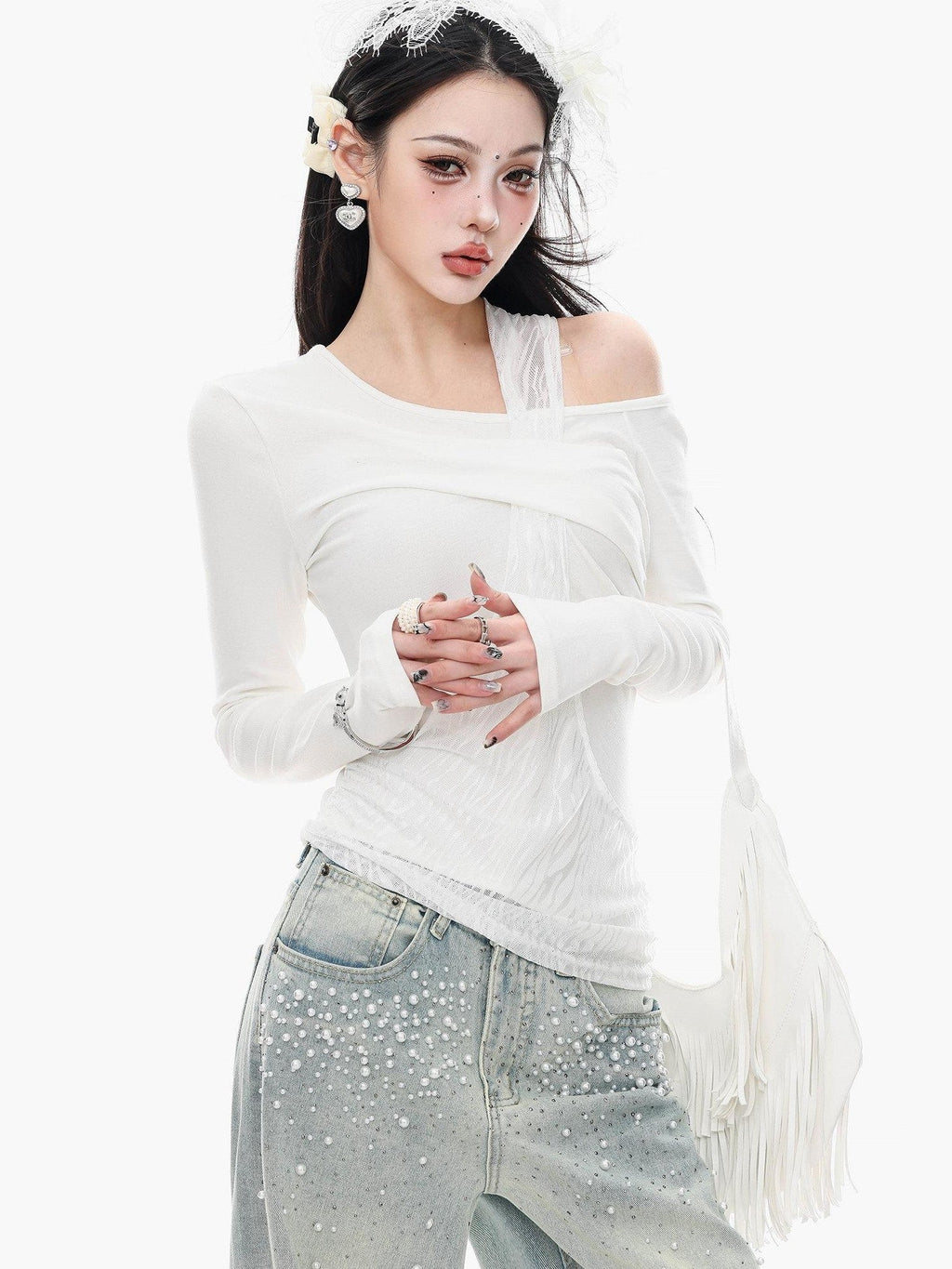 ABWLR White Halter Off Shoulder Faux Two Piece Slim Women'S Long Sleeve T-Shirts