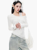 ABWLR White Halter Off Shoulder Faux Two Piece Slim Women'S Long Sleeve T-Shirts