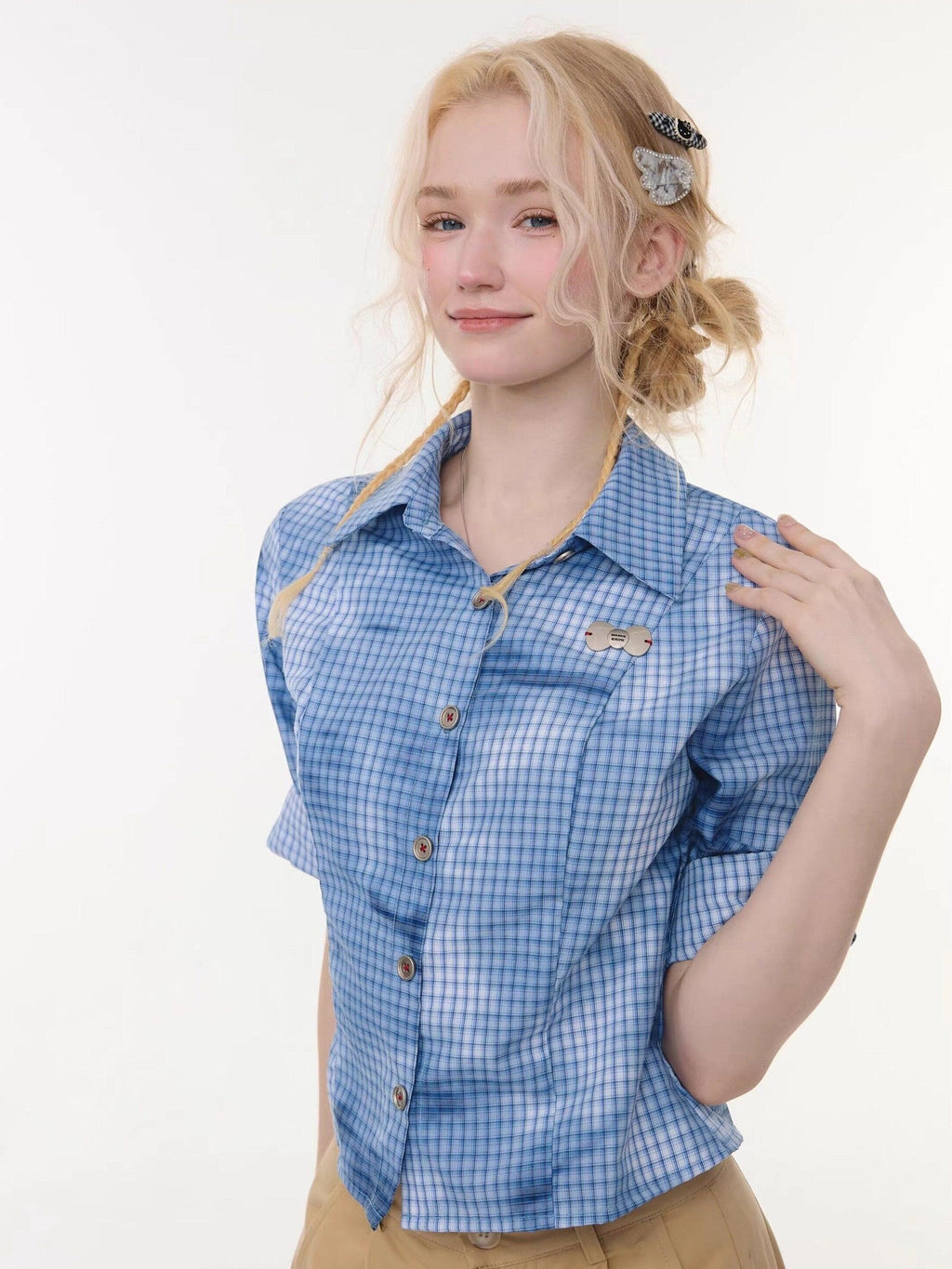 ZIZIFEI Mist Blue Ombre Plaid Waist Cinch Lapel Slim Women'S Short Sleeve T-Shirts