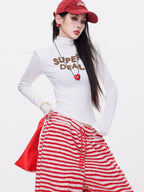 ABWLR Mocha Mist Letter Embroidery Slim Fit High Neck Women'S Long Sleeve T-Shirts