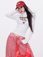 ABWLR Mocha Mist Letter Embroidery Slim Fit High Neck Women'S Long Sleeve T-Shirts