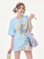 ZIZIFEI Pixel Rabbit Rhinestone V-neck Loose Women'S Cotton Short Sleeve T-Shirts