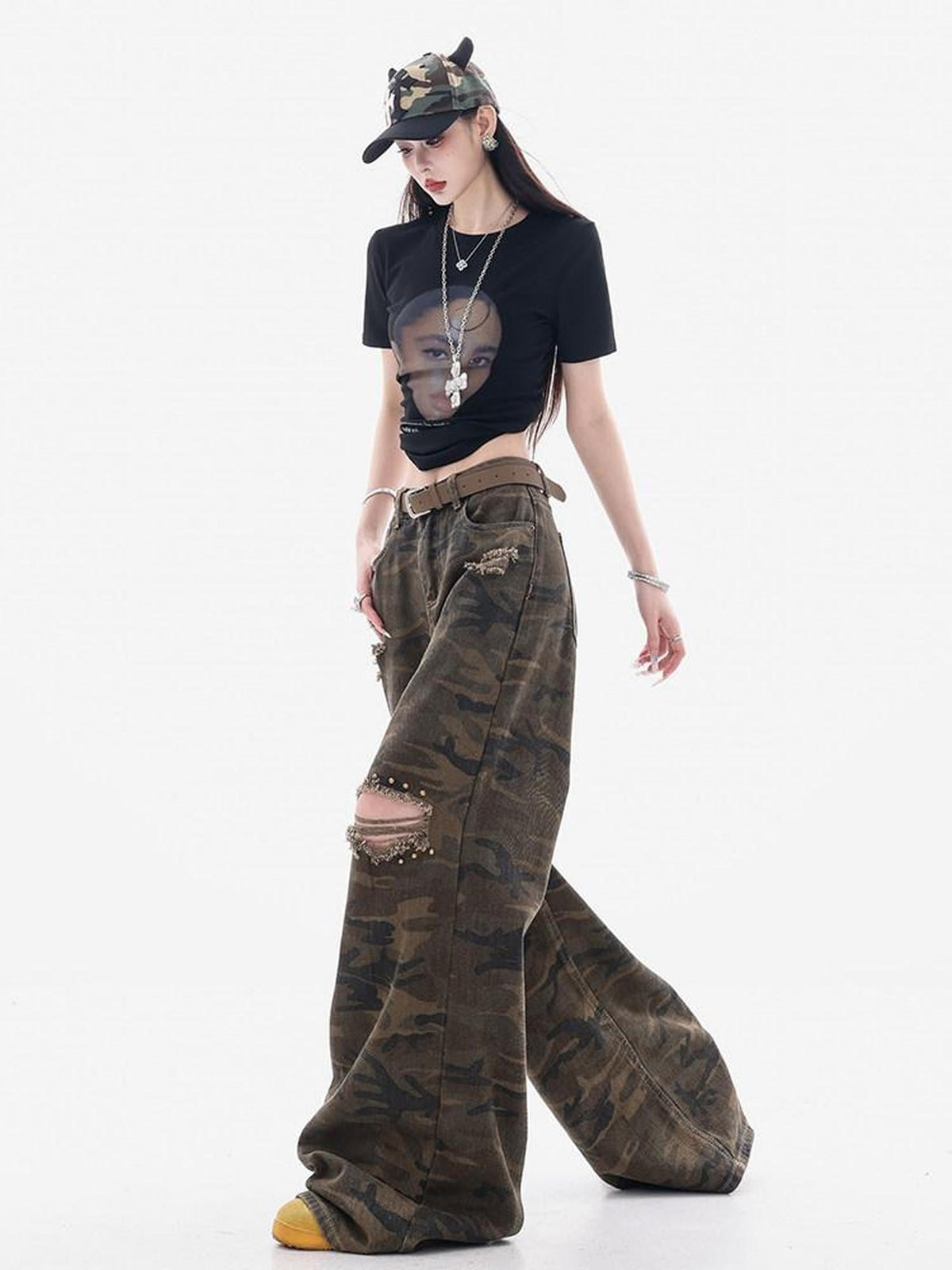 ABWLR Mist Forest Camouflage Distressed Women'S Denim Wide-Leg Jeans