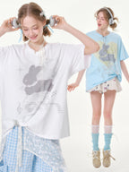 ZIZIFEI Pixel Rabbit Rhinestone V-neck Loose Women'S Cotton Short Sleeve T-Shirts
