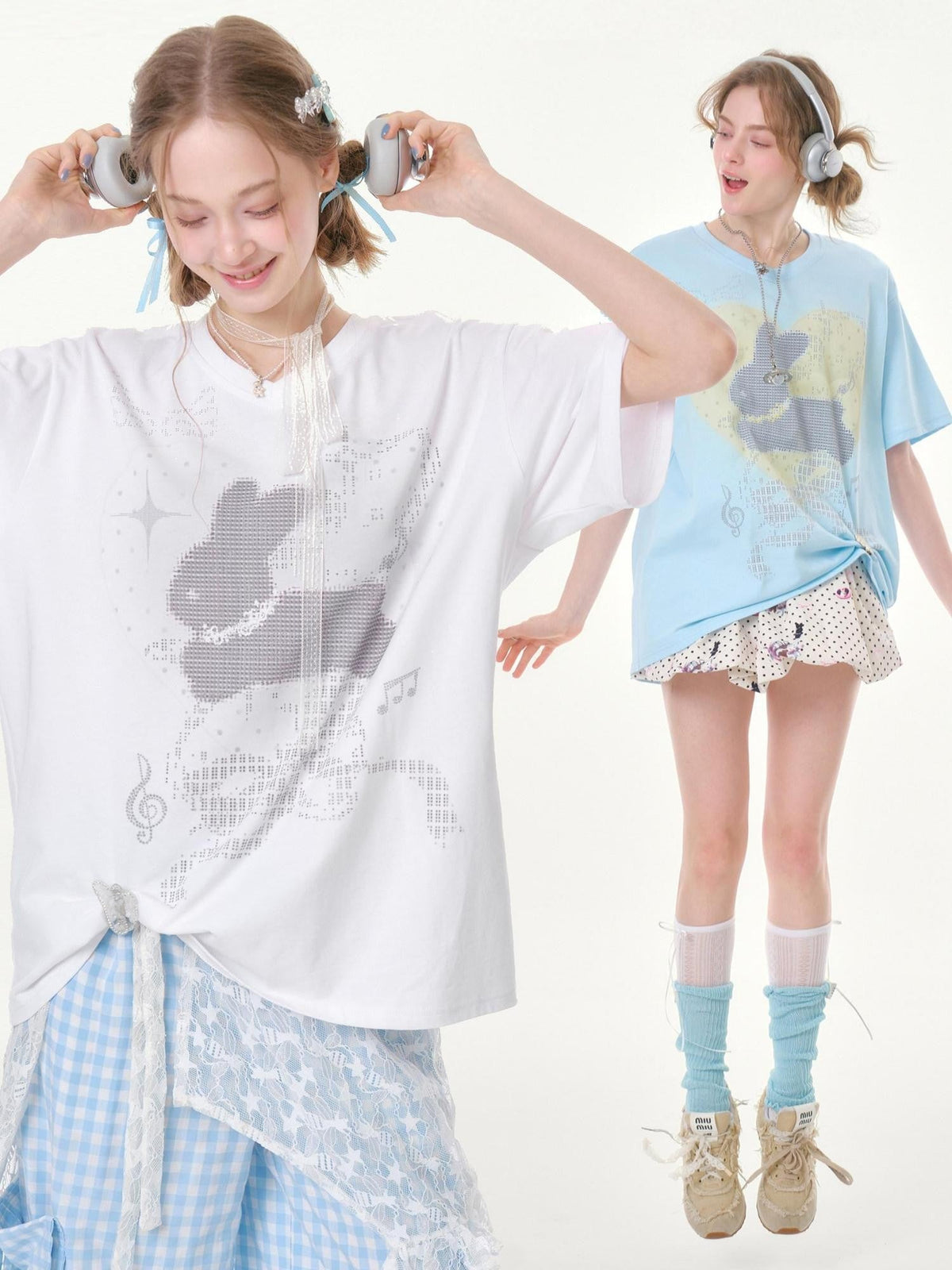 ZIZIFEI Pixel Rabbit Rhinestone V-neck Loose Women'S Cotton Short Sleeve T-Shirts