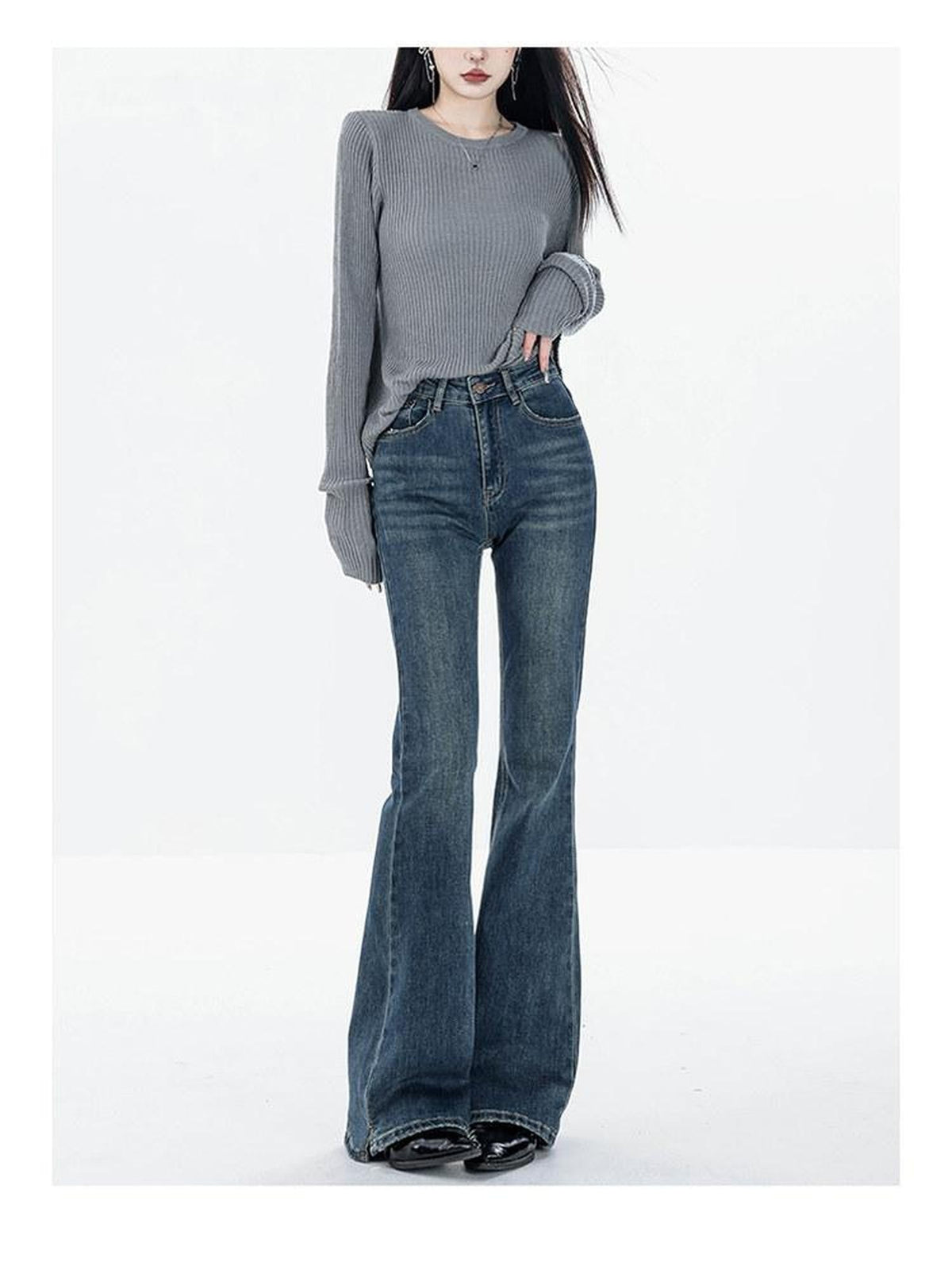 ABWLR Vintage High Waist Slim Fleece Lined Women'S Denim Flare Jeans