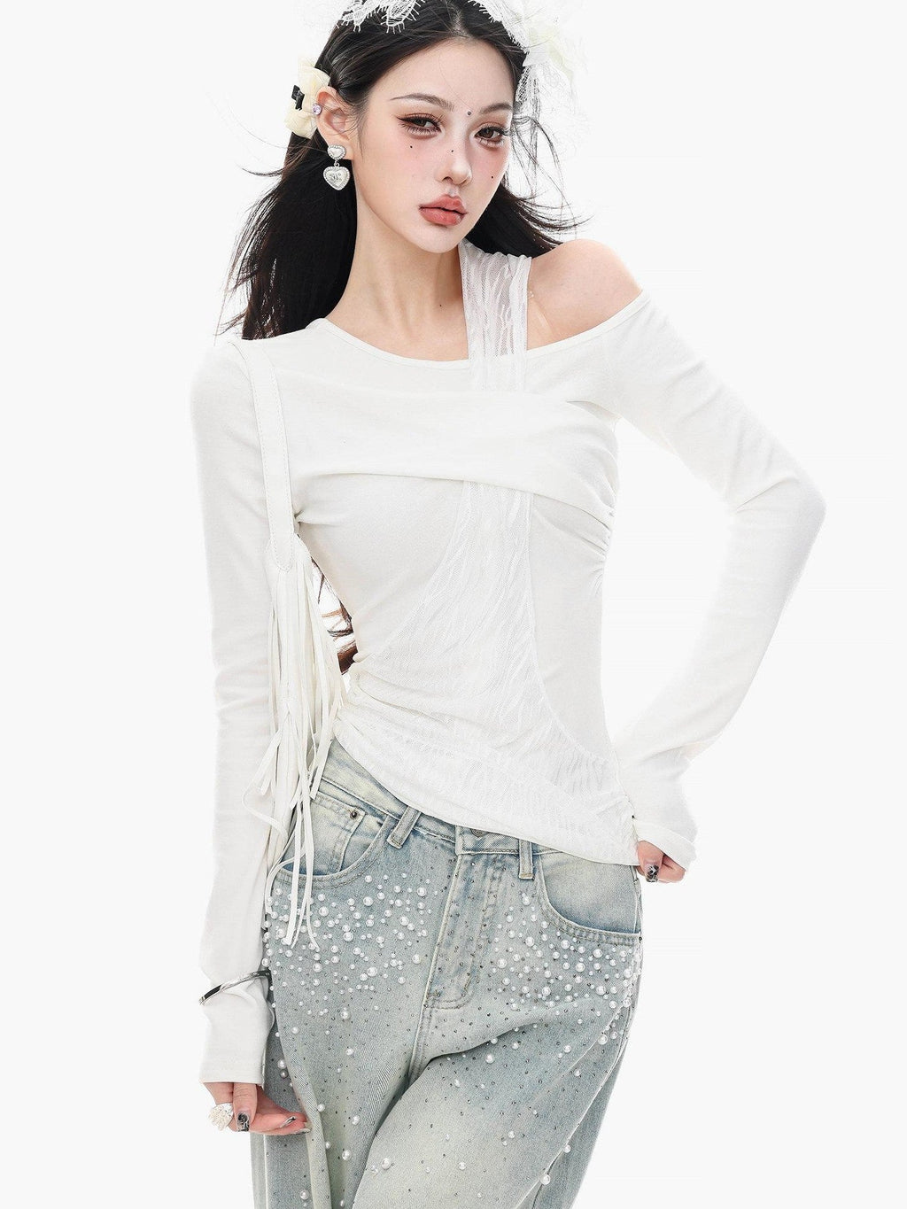 ABWLR White Halter Off Shoulder Faux Two Piece Slim Women'S Long Sleeve T-Shirts