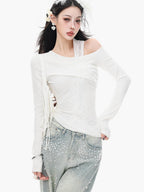 ABWLR White Halter Off Shoulder Faux Two Piece Slim Women'S Long Sleeve T-Shirts