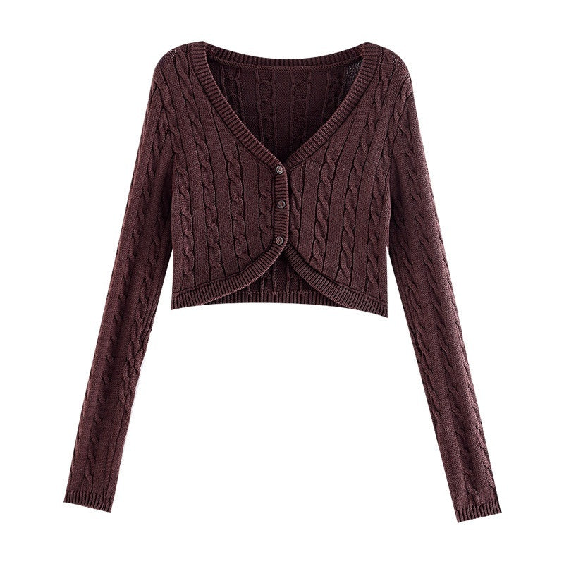 ABWLR_Coffee_Cable_Knit_V-neck_Short_Slim_Buttoned_Women'S_Knit_Cardigans_MISSTT