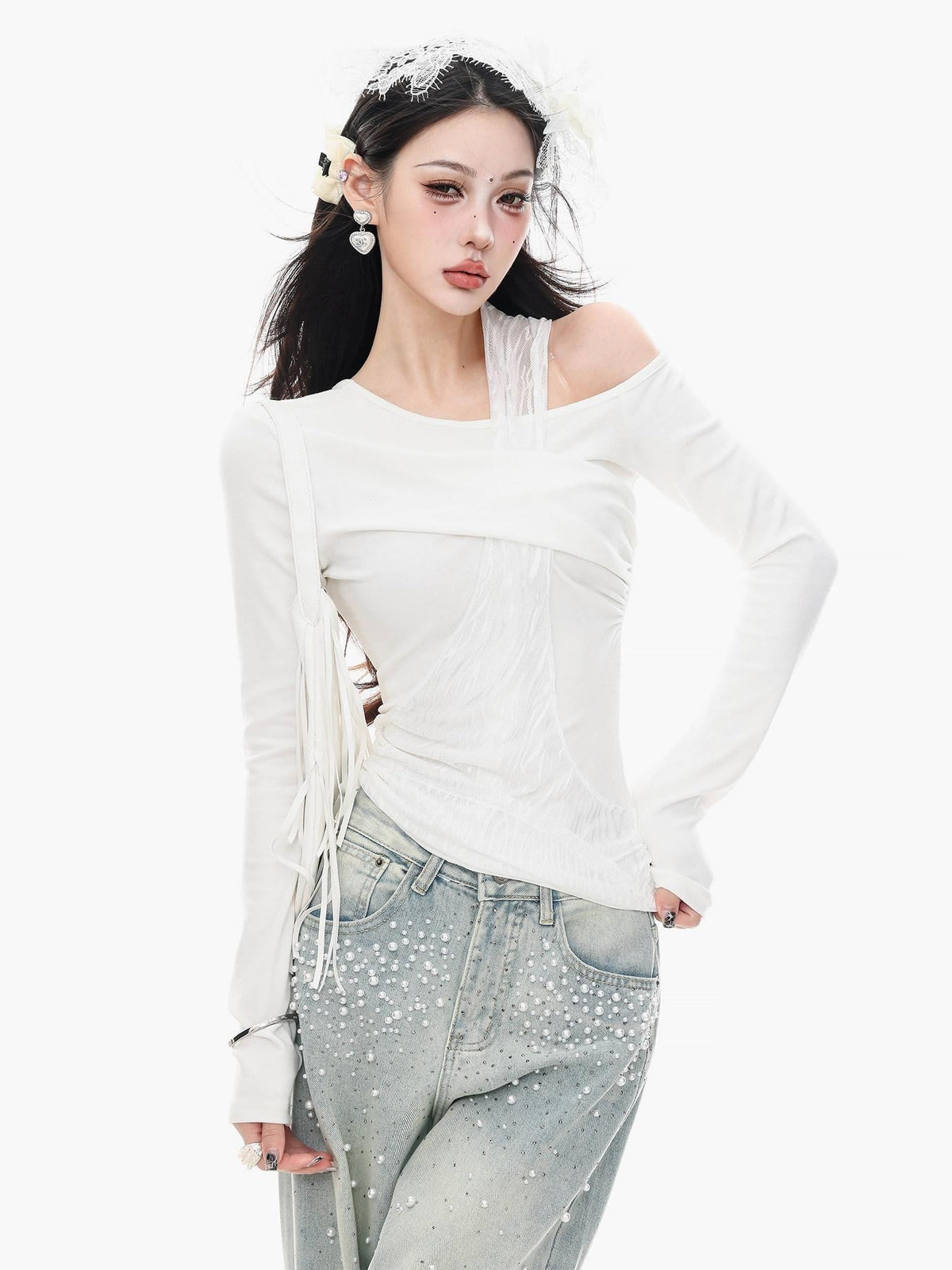ABWLR White Halter Off Shoulder Faux Two Piece Slim Women'S Long Sleeve T-Shirts