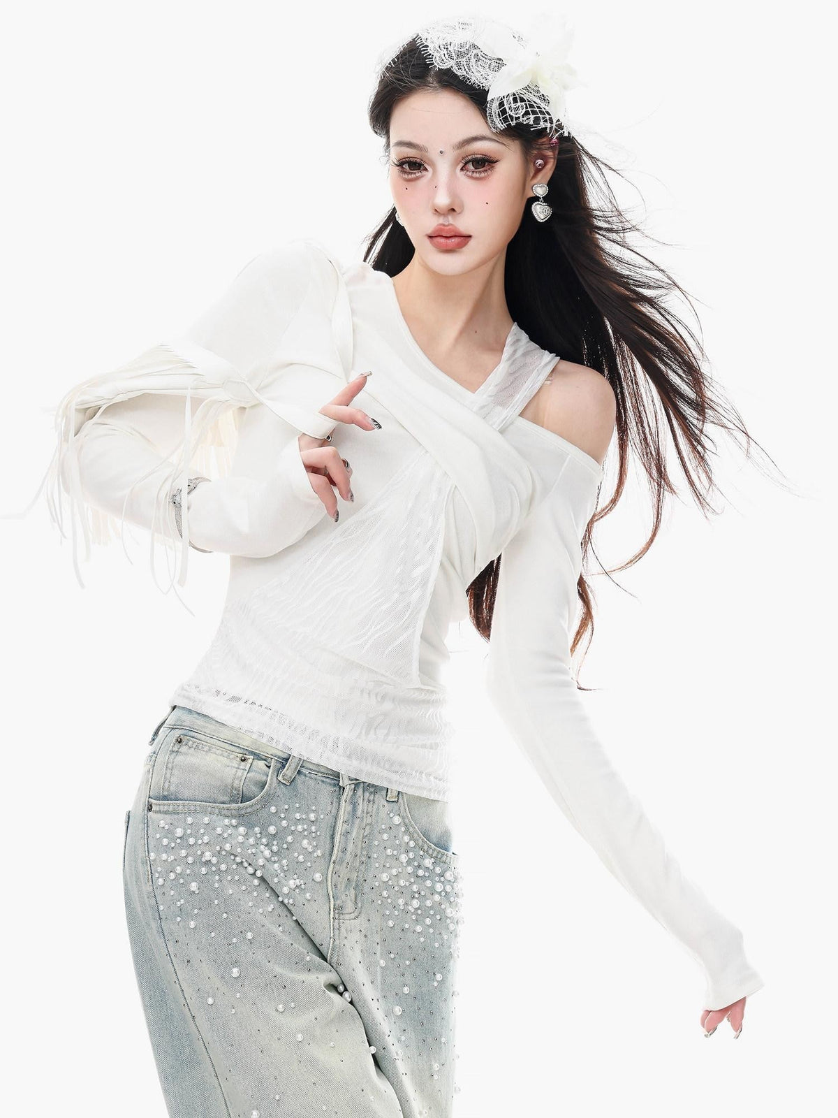 ABWLR White Halter Off Shoulder Faux Two Piece Slim Women'S Long Sleeve T-Shirts