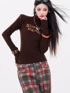 ABWLR Mocha White Mock Neck Letter Print Slim Fit Girlish Women'S Long Sleeve T-Shirts