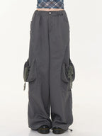 ZIZIFEI Gray High Waist Slimming Cargo Big Pocket Women'S Lyocell Blend Wide-Leg Pants