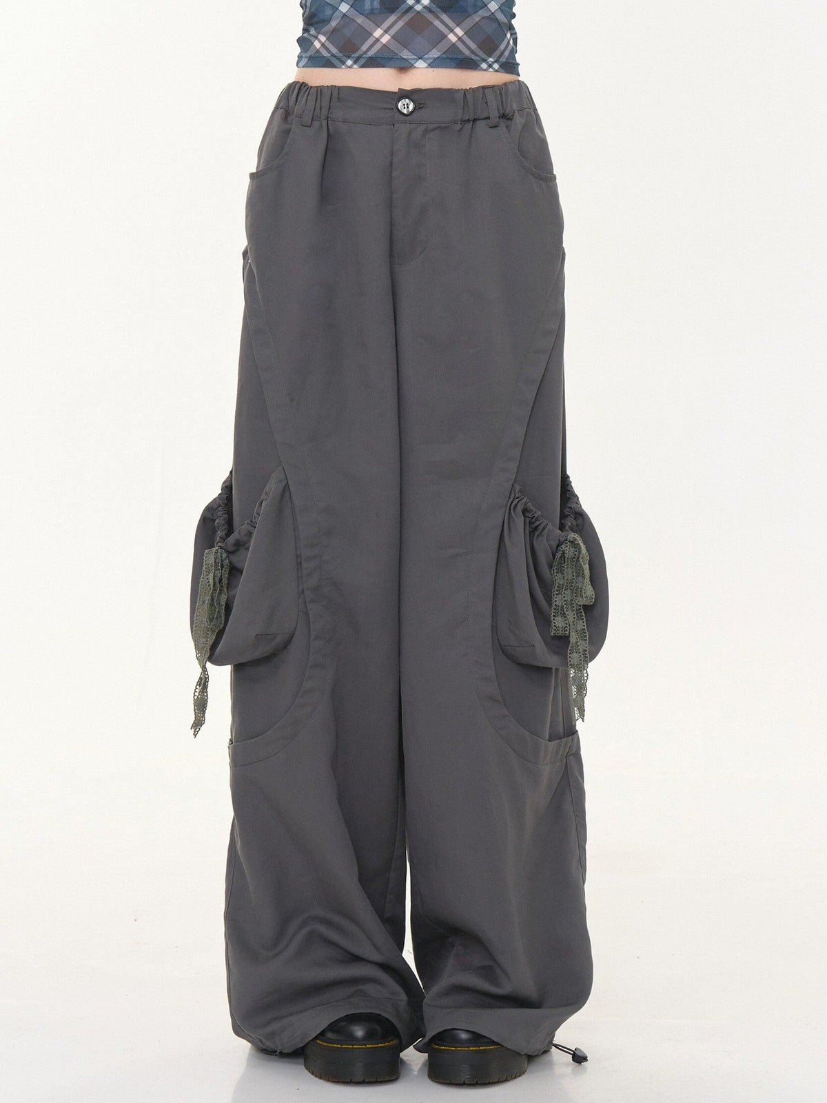 ZIZIFEI Gray High Waist Slimming Cargo Big Pocket Women'S Lyocell Blend Wide-Leg Pants